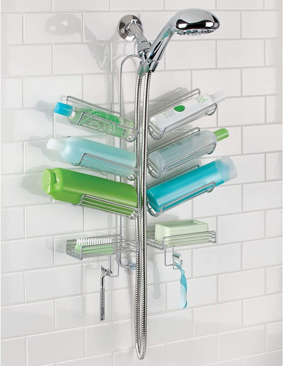 The shower caddy filled with products
