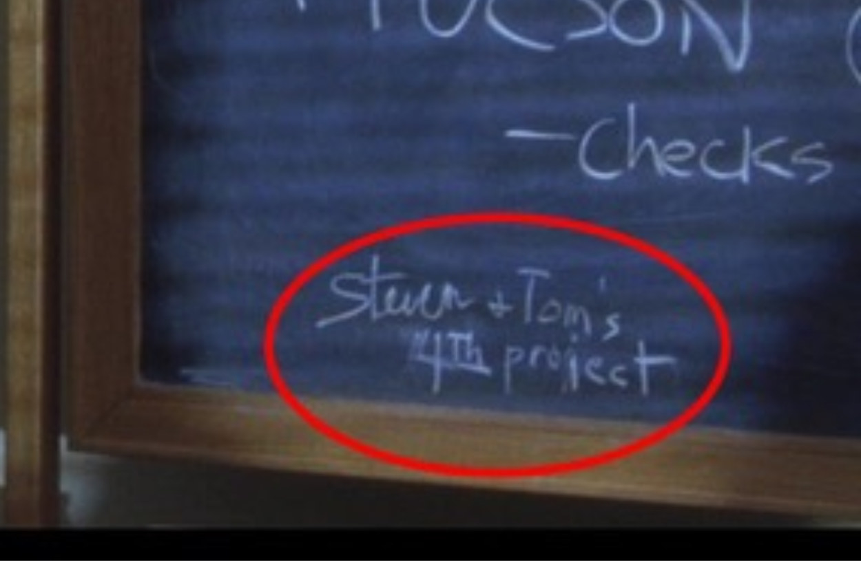 Close up of a chalkboard with &quot;steven and tom&#x27;s 4th project&quot; written on it