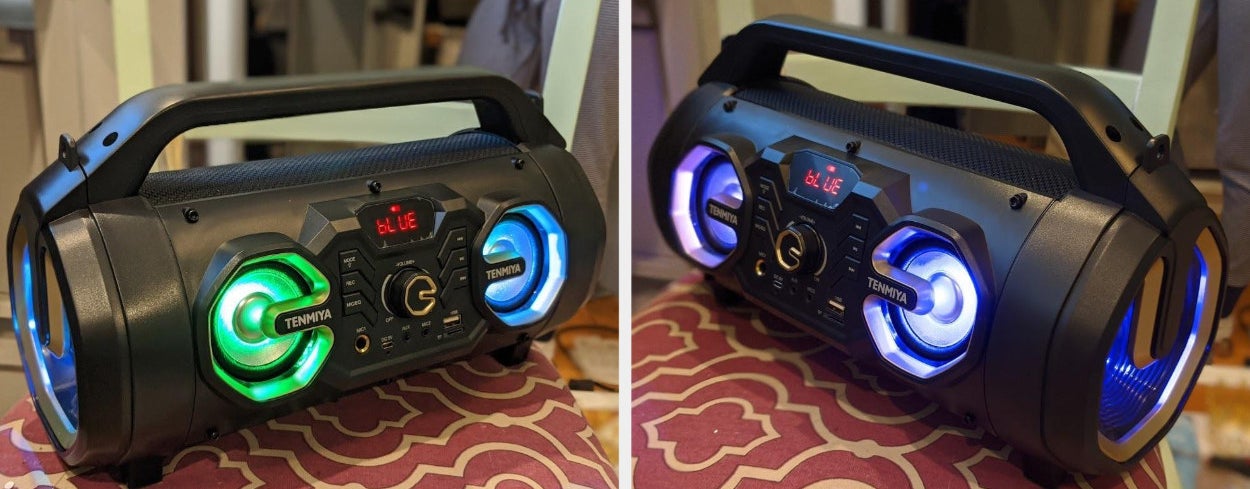 Two reviewer images of black boombox with different colored lights