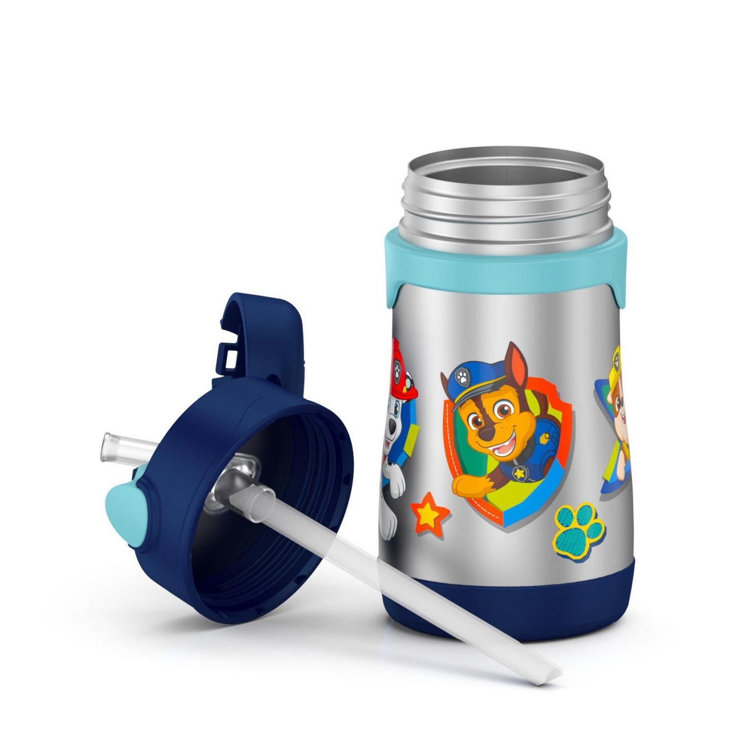 A thermos with Paw Patrol characters on it in silver and blue