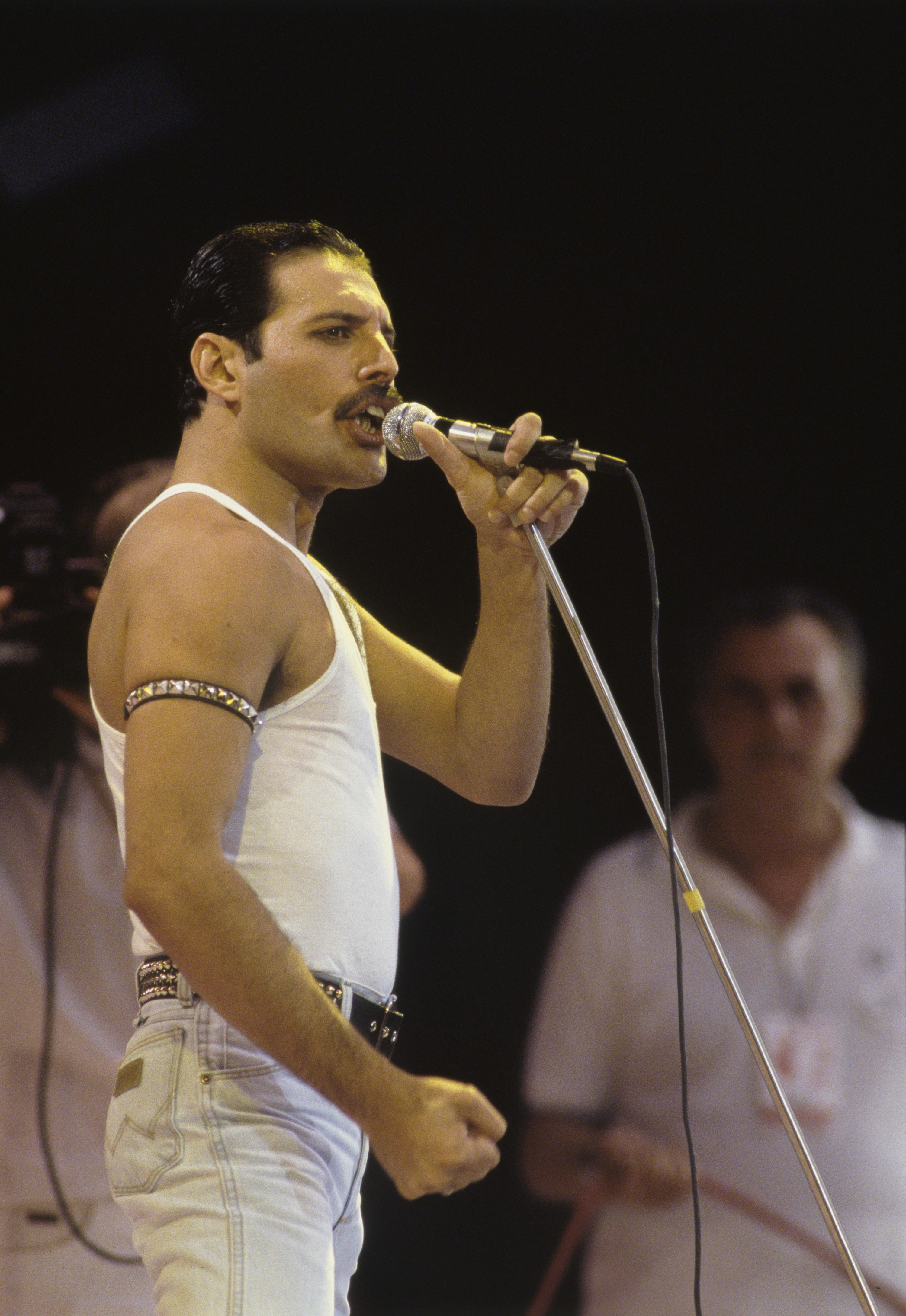 Freddie Mercury at Live Aid concert at Wembley Stadium in London 1985