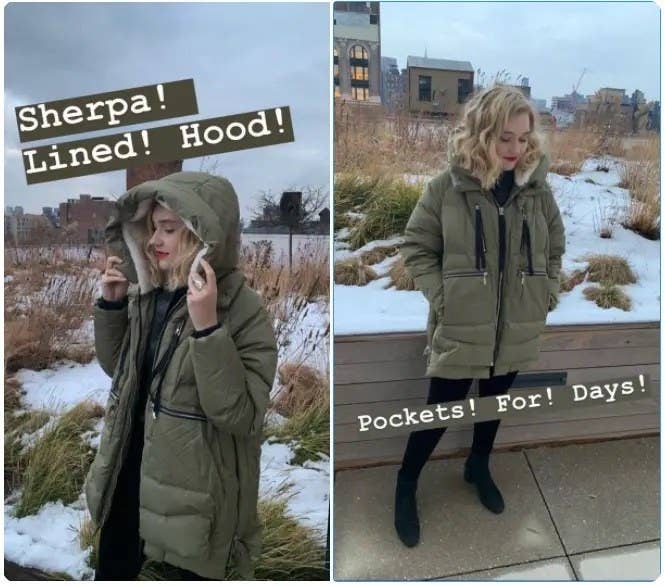 two photos of buzzfeed shopping editor wearing the green jacket with the hood up and down, with text: sherpa! lined! hood! and pockets! for! days!