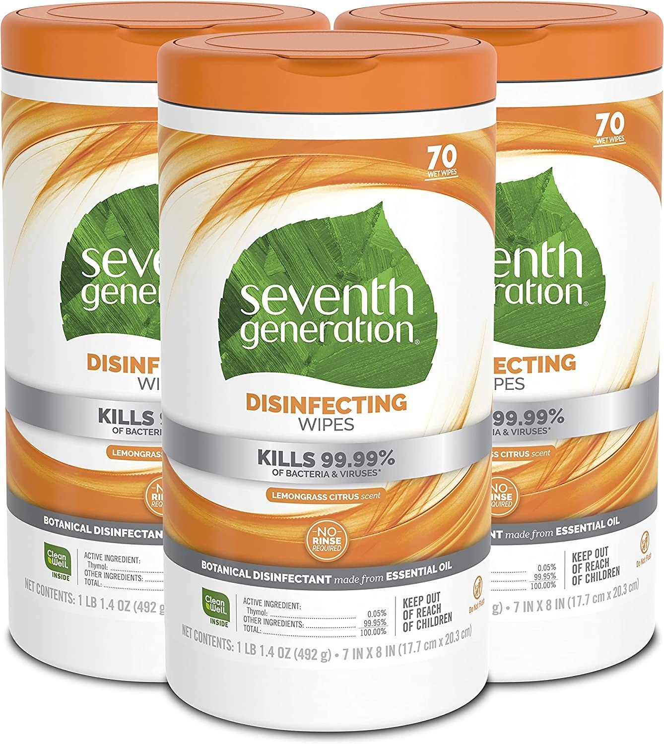 three canisters of Seventh Generation disinfecting wipes