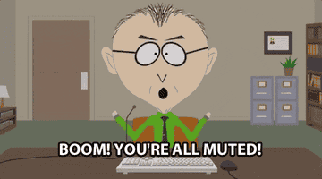 An animated figure from the show South Park says, &quot;Boom! You&#x27;re all muted!&quot;