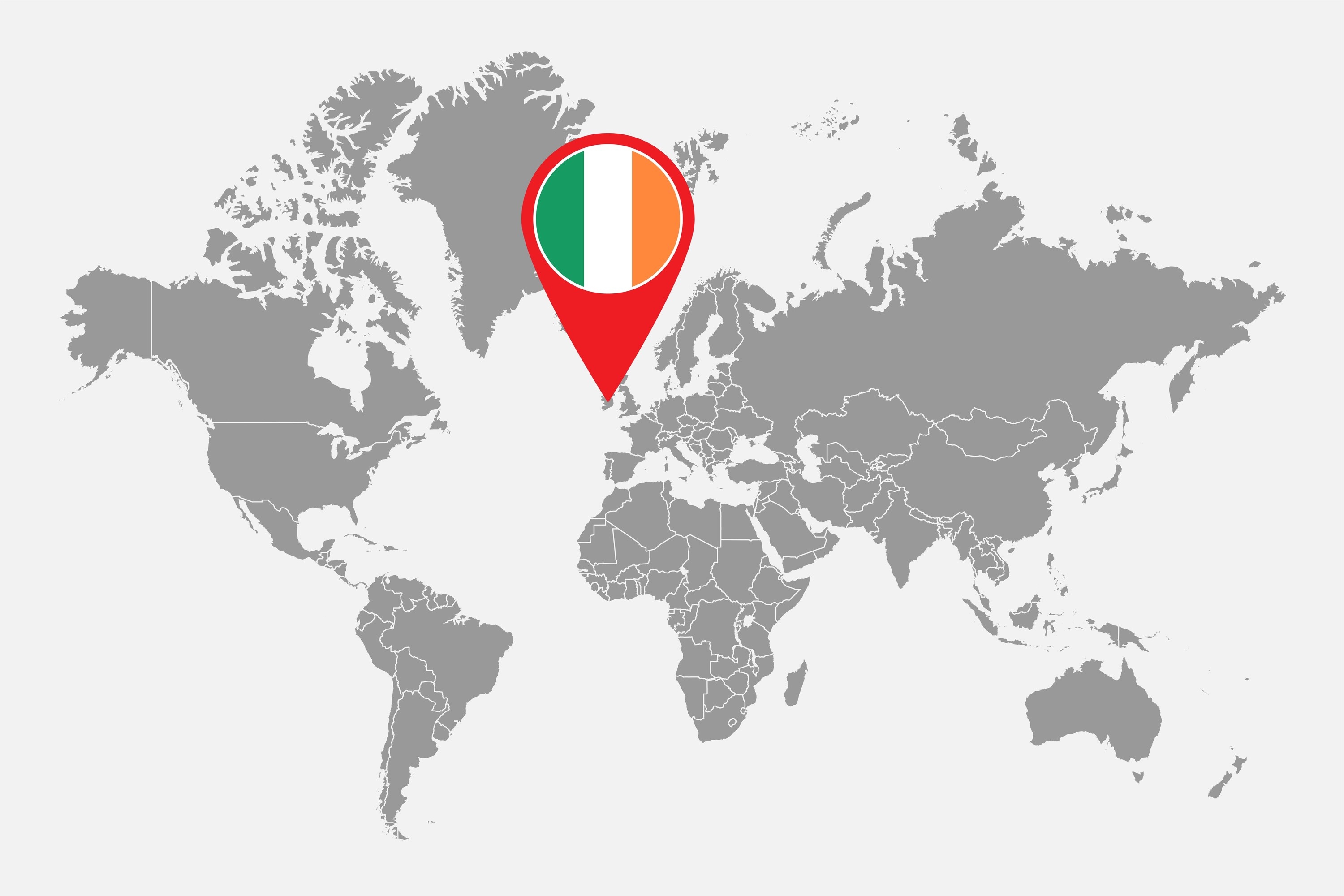 A world map with Ireland indicated