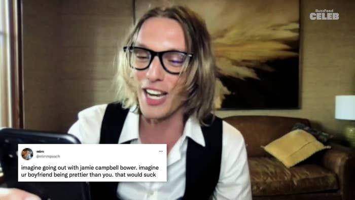Tweet says imagine going out with Jamie Campbell Bower, imagine your boyfriend being prettier than you, that would suck