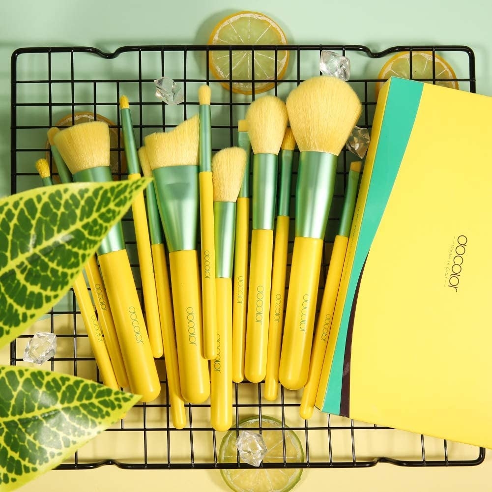 a flatlay of the neon coloured makeup brushes