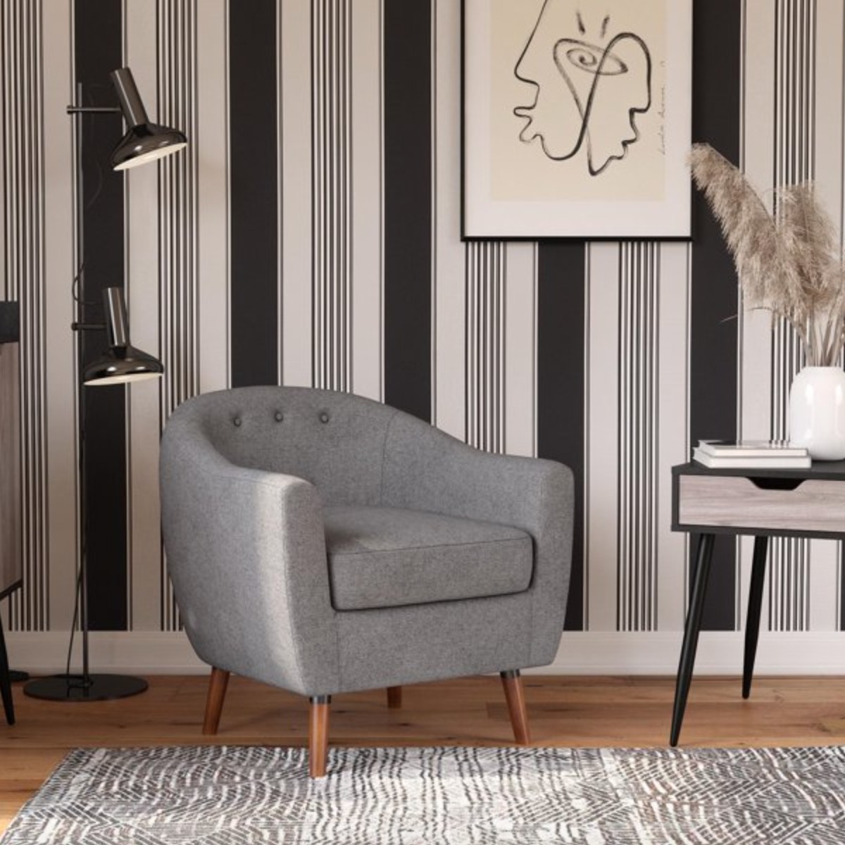 the grey accent chair in a living room