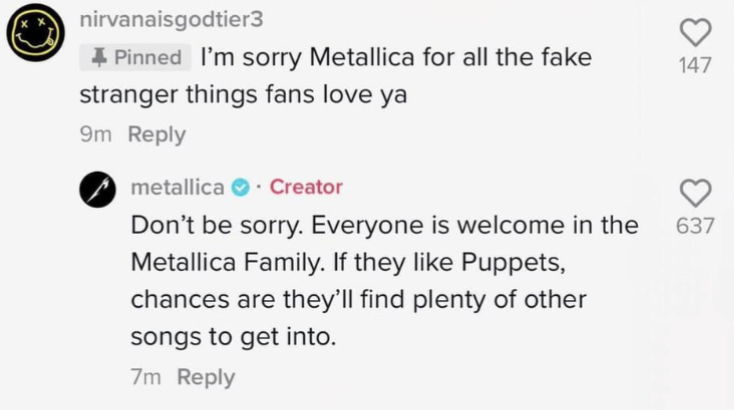 Metallica responds to a commenter on TikTok