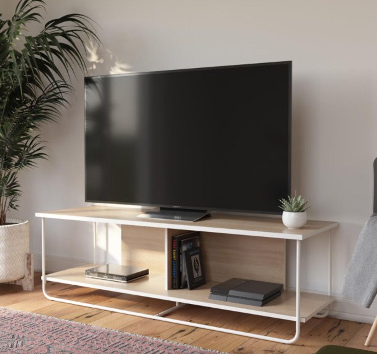 the natural wood and white TV stand