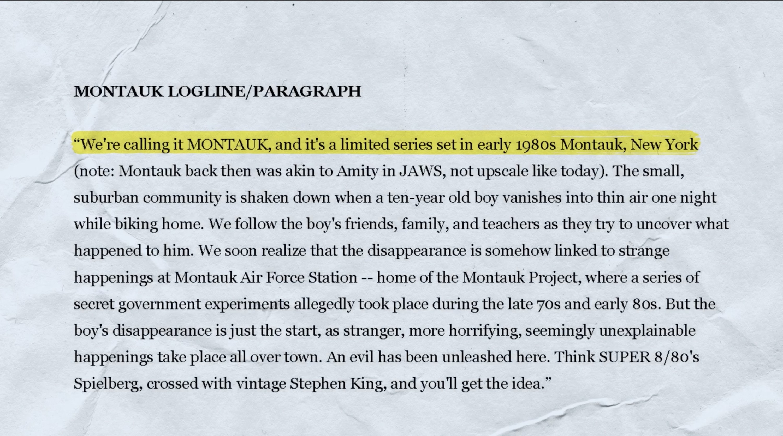 Montauk logline and paragraph description
