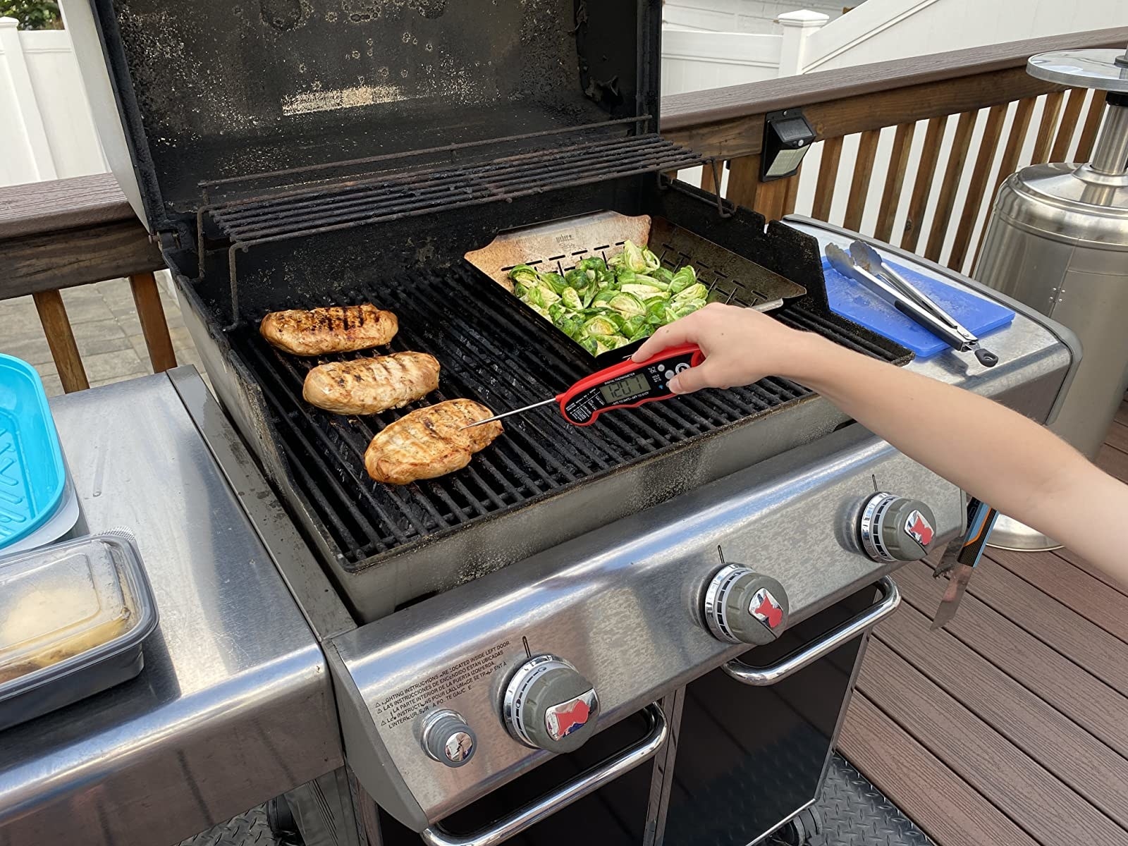 Reviewer using thermometer on chicken on a grill