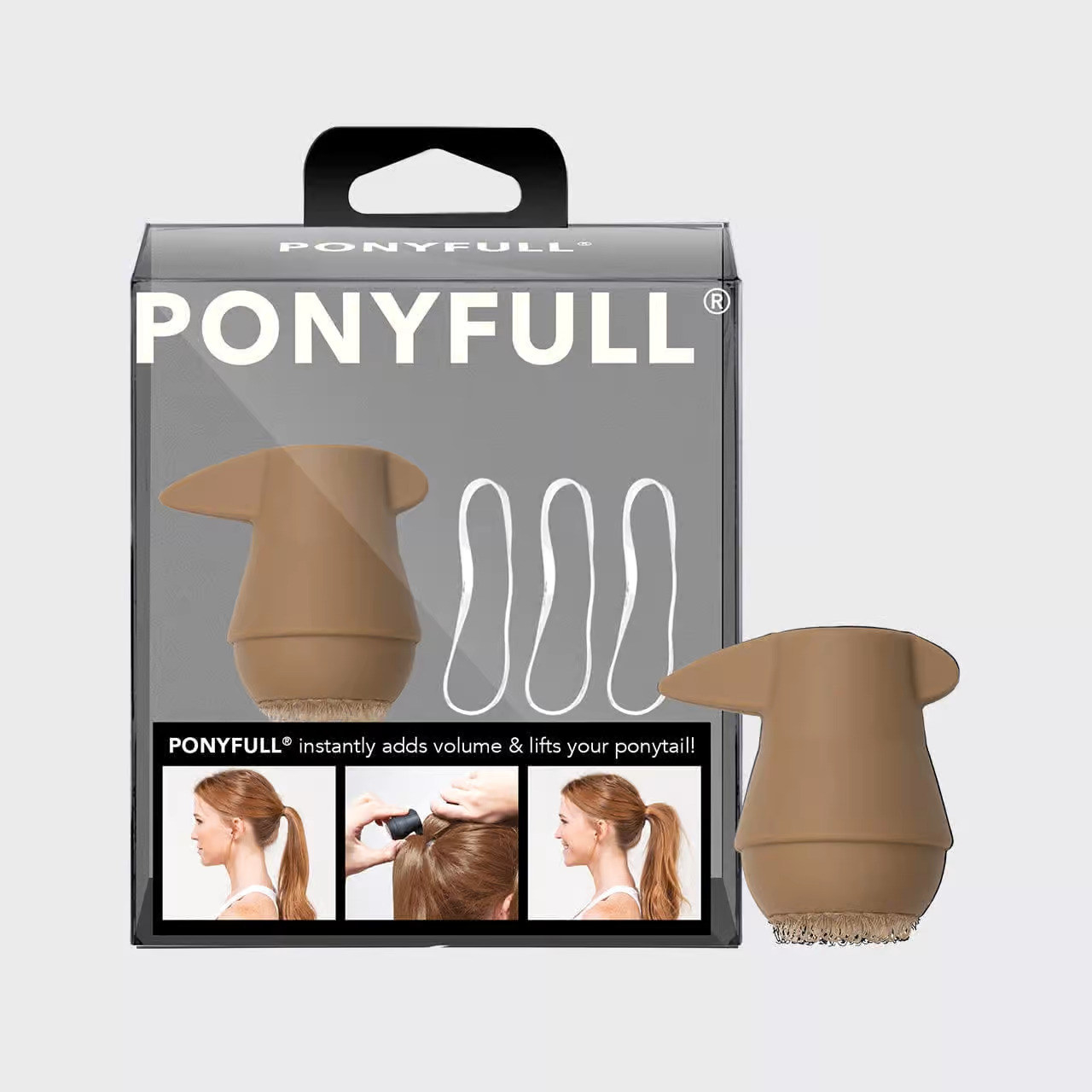 Ponytail lifter product beside the packaging