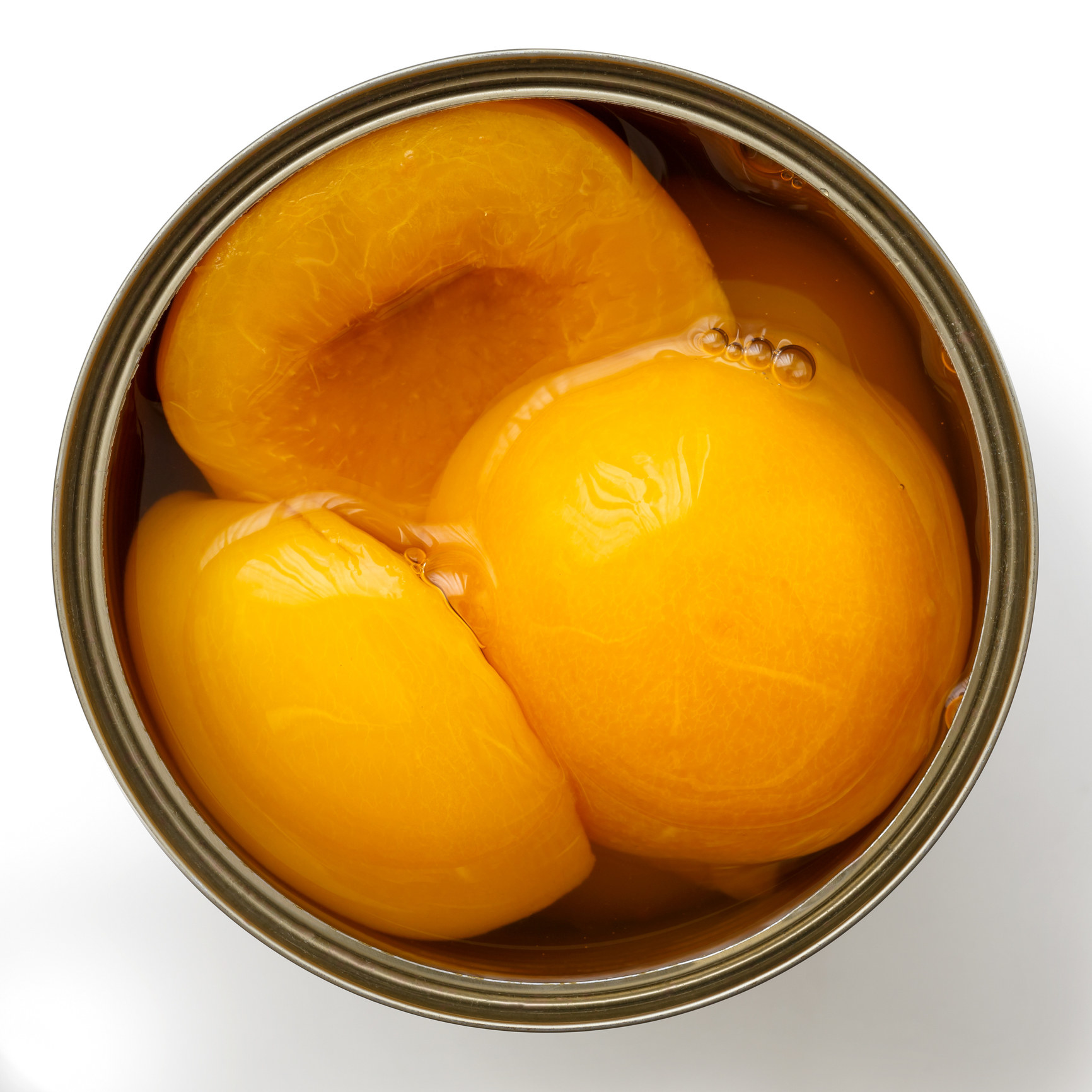 Open can of peach halves in syrup.