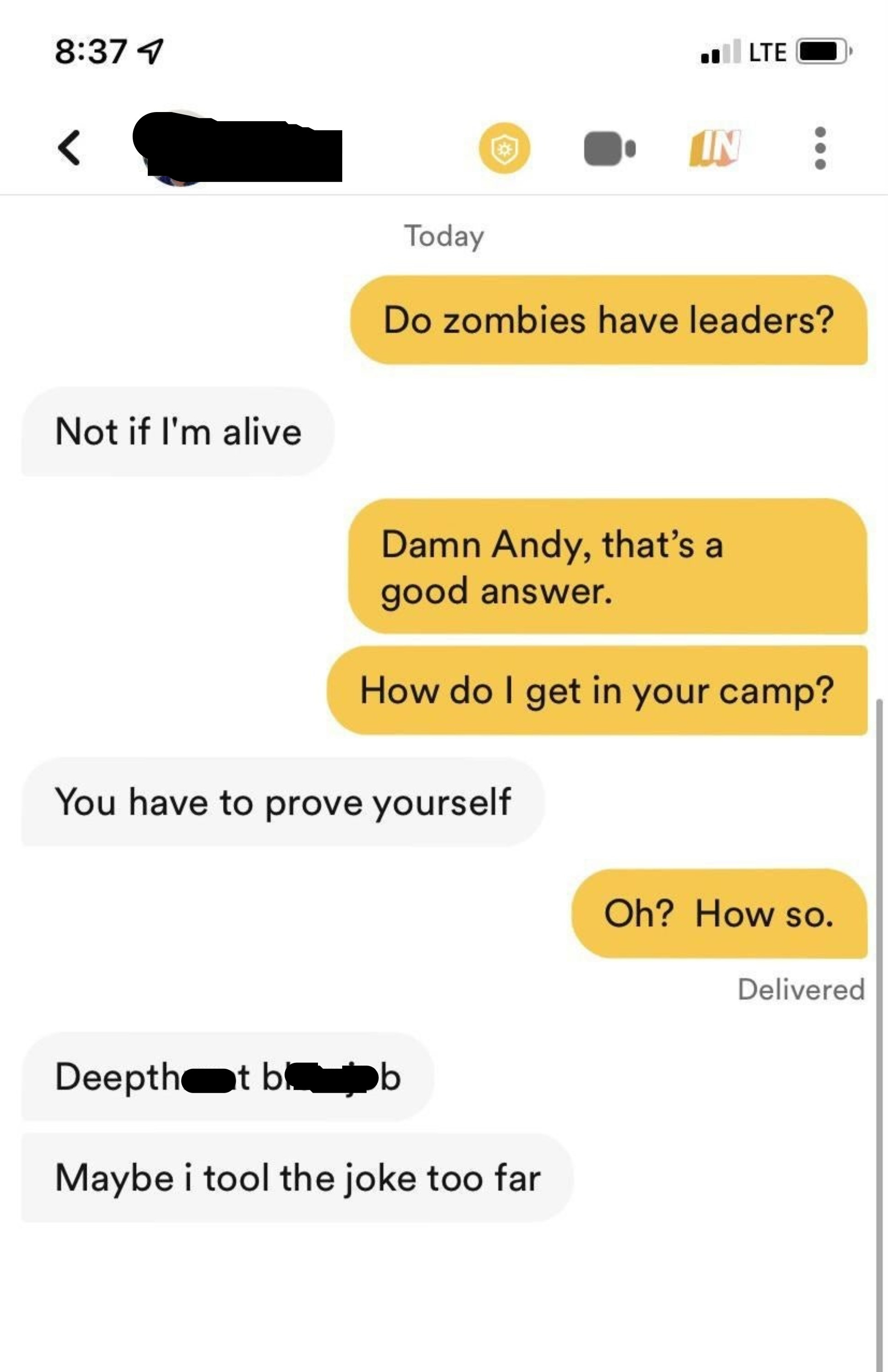 a match being offensive about the ways to get into his hypothetical zombie camp
