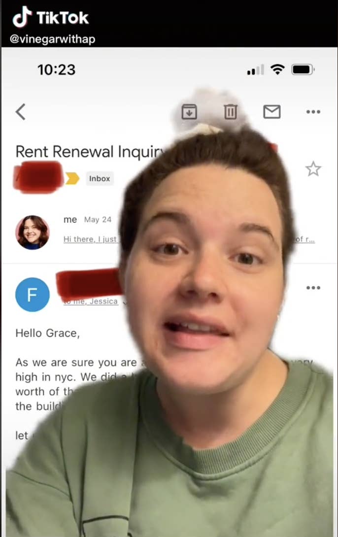 Screenshot from Grace&#x27;s TikTok where she is in the foreground, with the email in question superimposed behind her