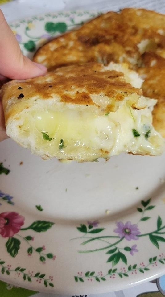 A grilled cheese sandwich on naan bread.