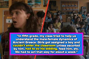 Left: Millie Bobbi Brown as Eleven looks to the side in "Stranger Things" Right: A classroom in "Stranger Things"