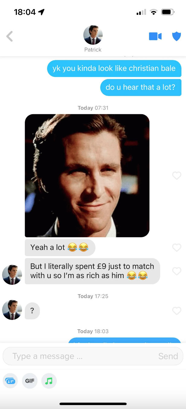 A girl telling a guy he looks like Christian Bale