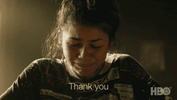 a character crying and saying, thank you