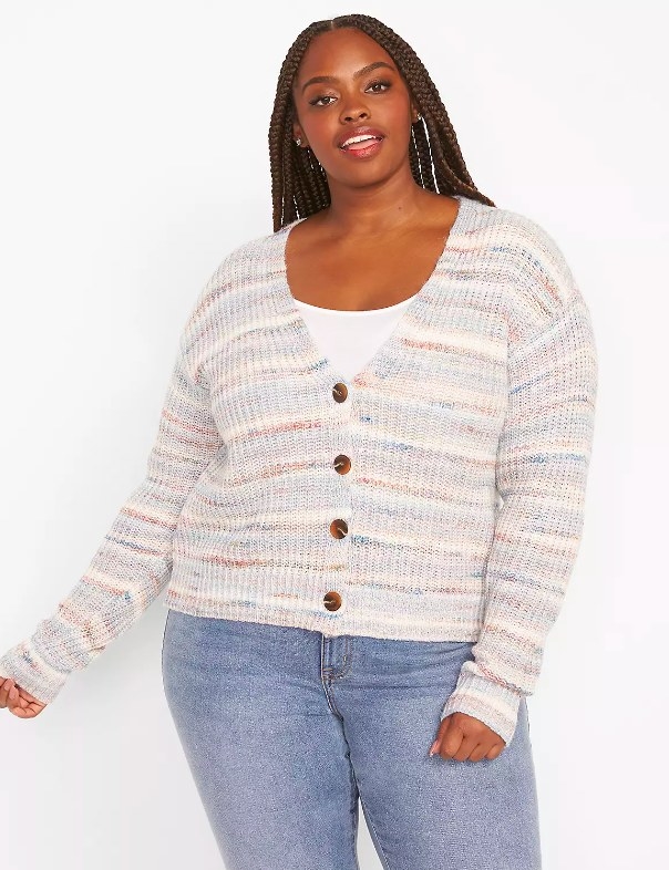 Model wearing cardigan with jeans