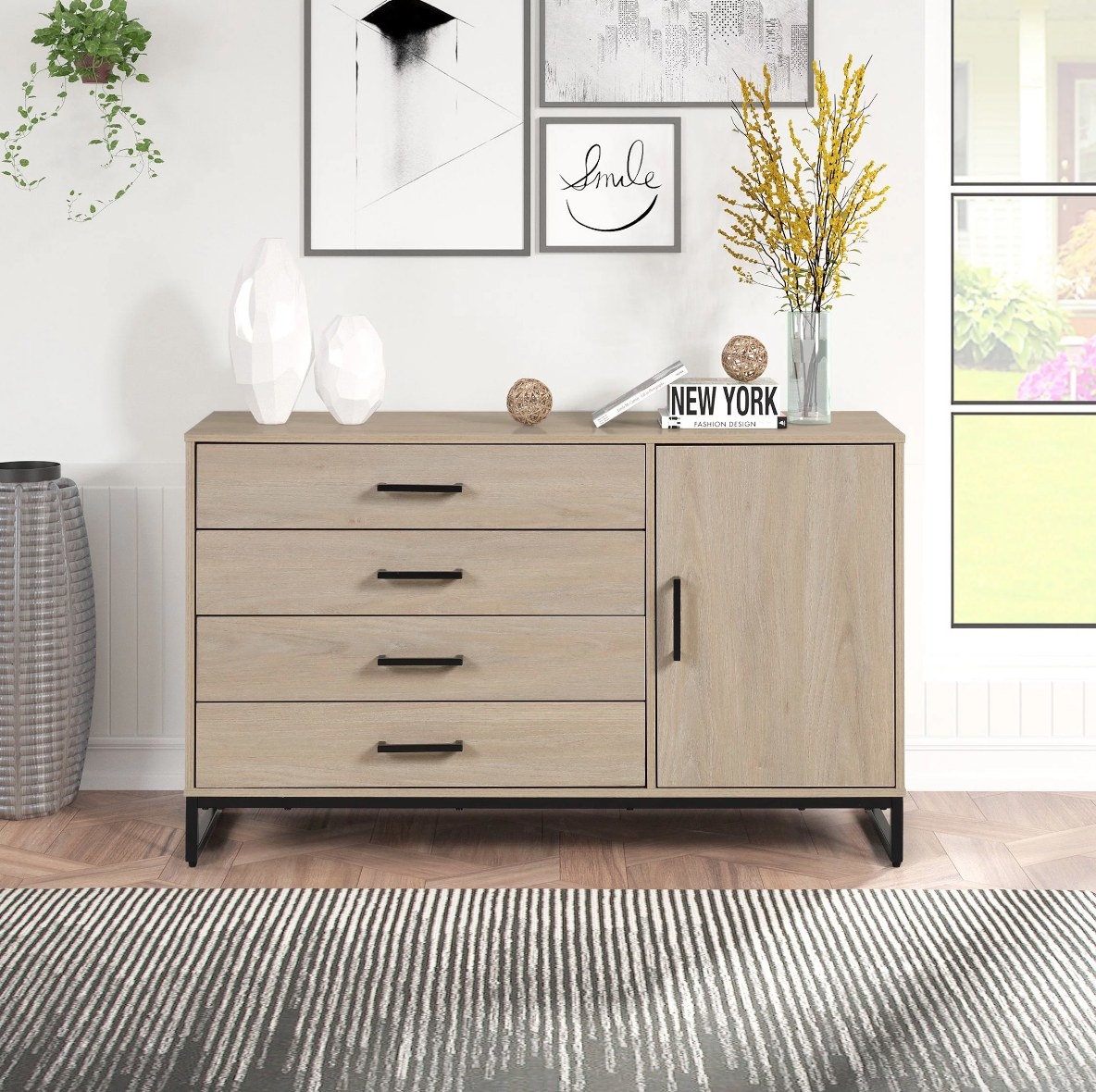 Beige dresser with four drawers on left side, storage cabinet on right side