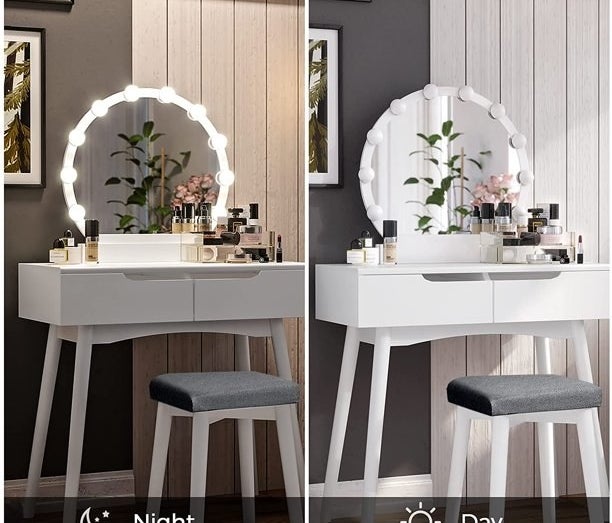 White vanity with round light up mirror, two pictures lights on on the left, lights off on the right