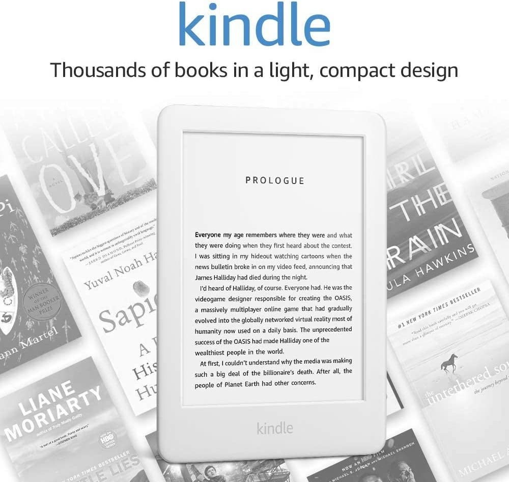 The Kindle in white with text &quot;thousands of books in a light, compact design&quot;