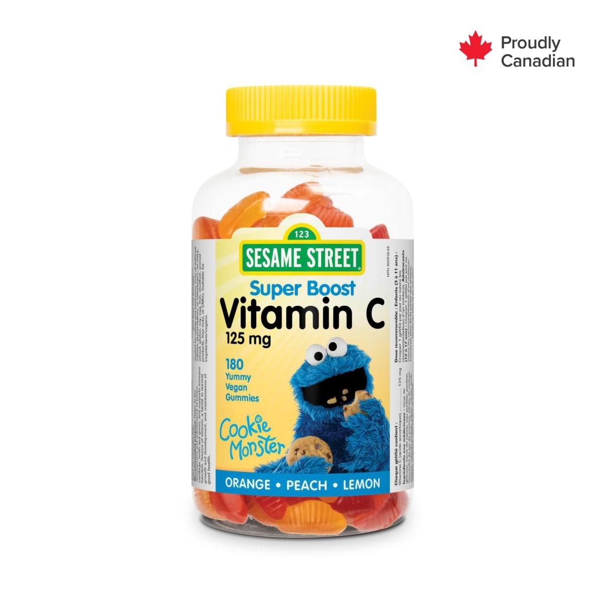A bottle of Sesame Street Super Boost Vitamin C gummies with cookie monster on the label