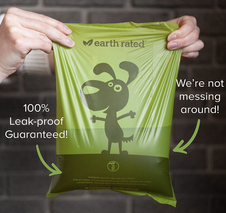 earth rated poop bag showing how much pet waste it can hold with water inside it as a measurement