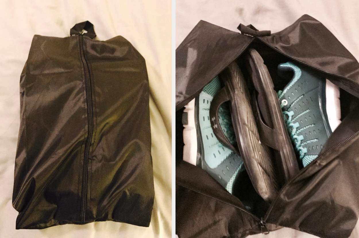 Two reviewer images of a black shoe bag with blue shoes in it