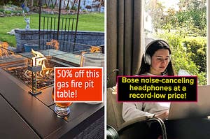 on left, gas fire pit table with beer glasses and a pitcher. on right, model wearing silver Bose noise-canceling headphones
