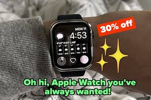 reviewer wearing apple watch with text "oh hi apple watch you've always wanted" and 30% off
