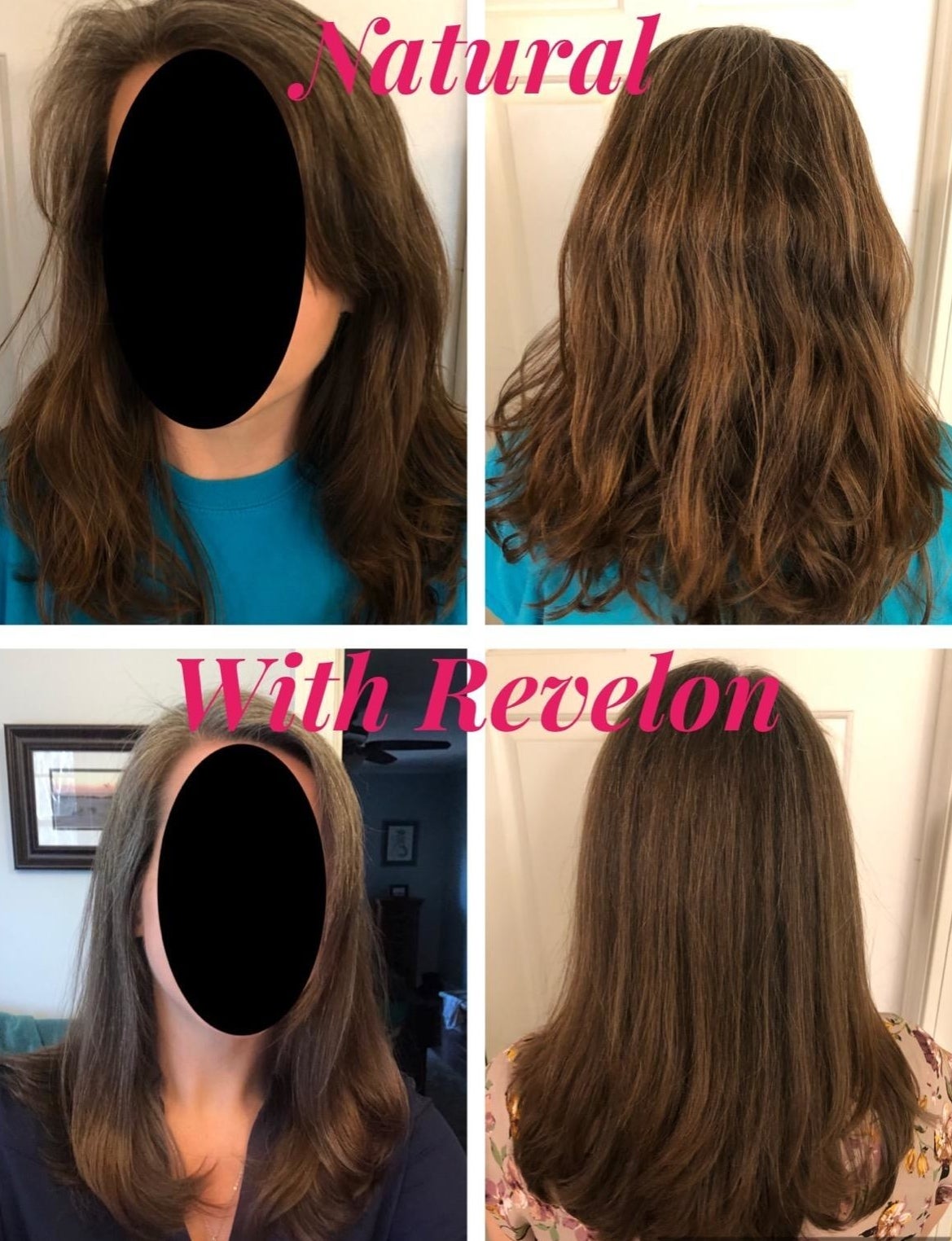 Reviewer&#x27;s collage showing frizzy, wavy hair without revlon (top) compared to smooth, sleek blowout hairstyle with revlon (bottom)