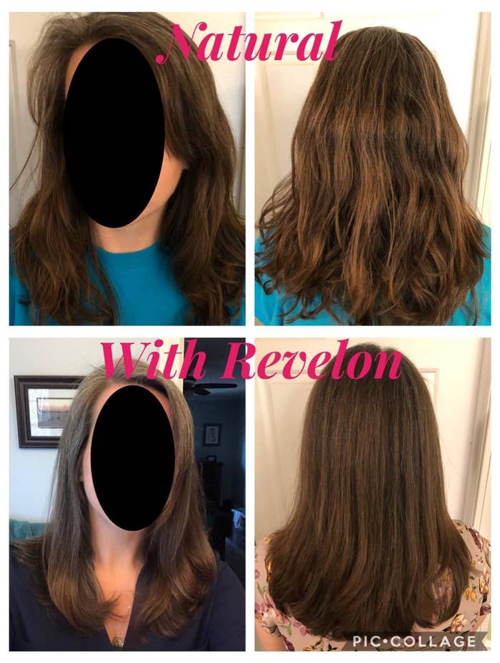 Reviewer's collage showing frizzy, wavy hair without revlon (top) compared to smooth, sleek blowout hairstyle with revlon (bottom)