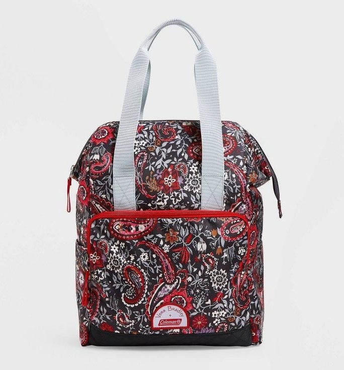 black, red, and grey paisley cooler backpack