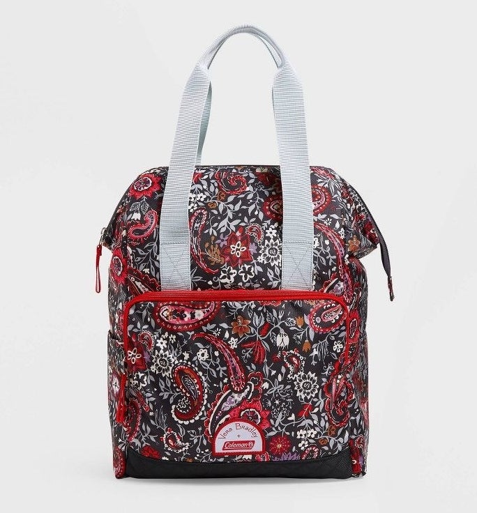 black, red, and grey paisley cooler backpack