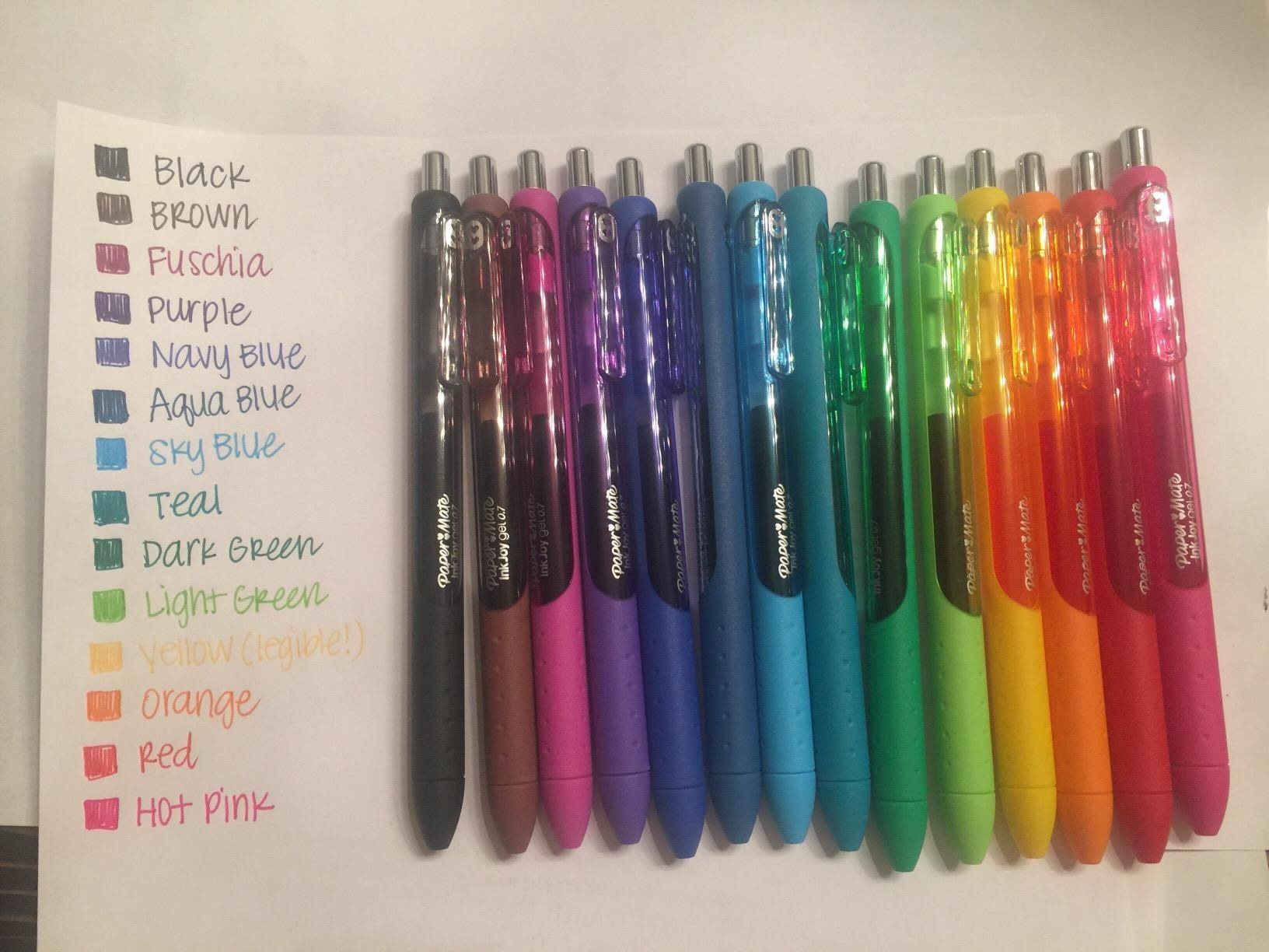Reviewer's photo of the colored pens next to legend showing the different colors