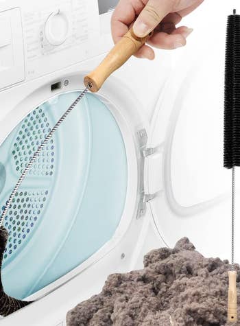 the lint brush being used to clean out vents in a dryer