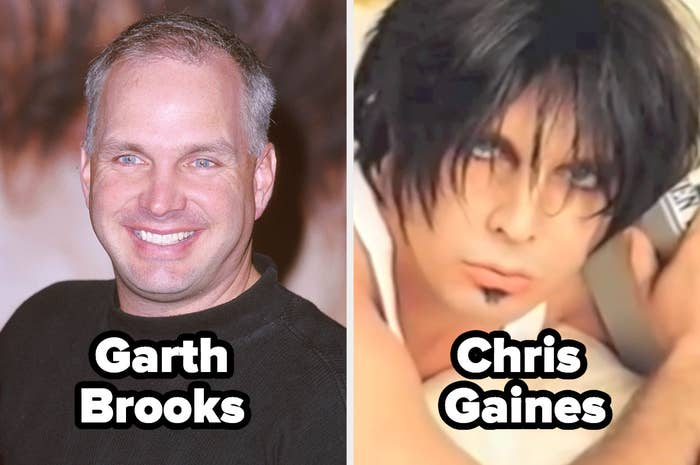 garth brooks and him as chris gaines with long dark hair and a goatee