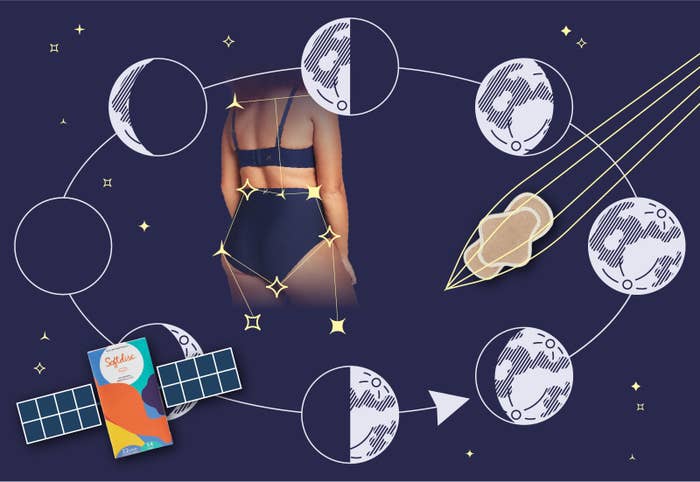 An illustrated night sky with the complete cycle of the moon phases in an oval shape with a line that follows behind. A Softdisc, reusable period underwear, and a Rael resuable pad are in the sky.