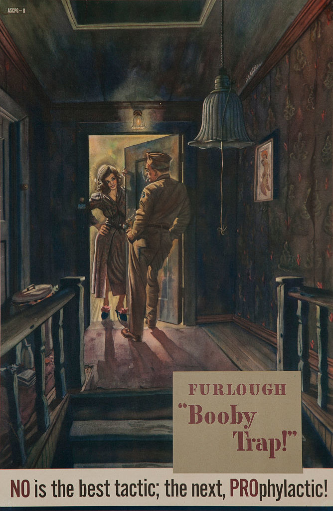 poster of a woman opening a door to a soldier with the message to say no to women