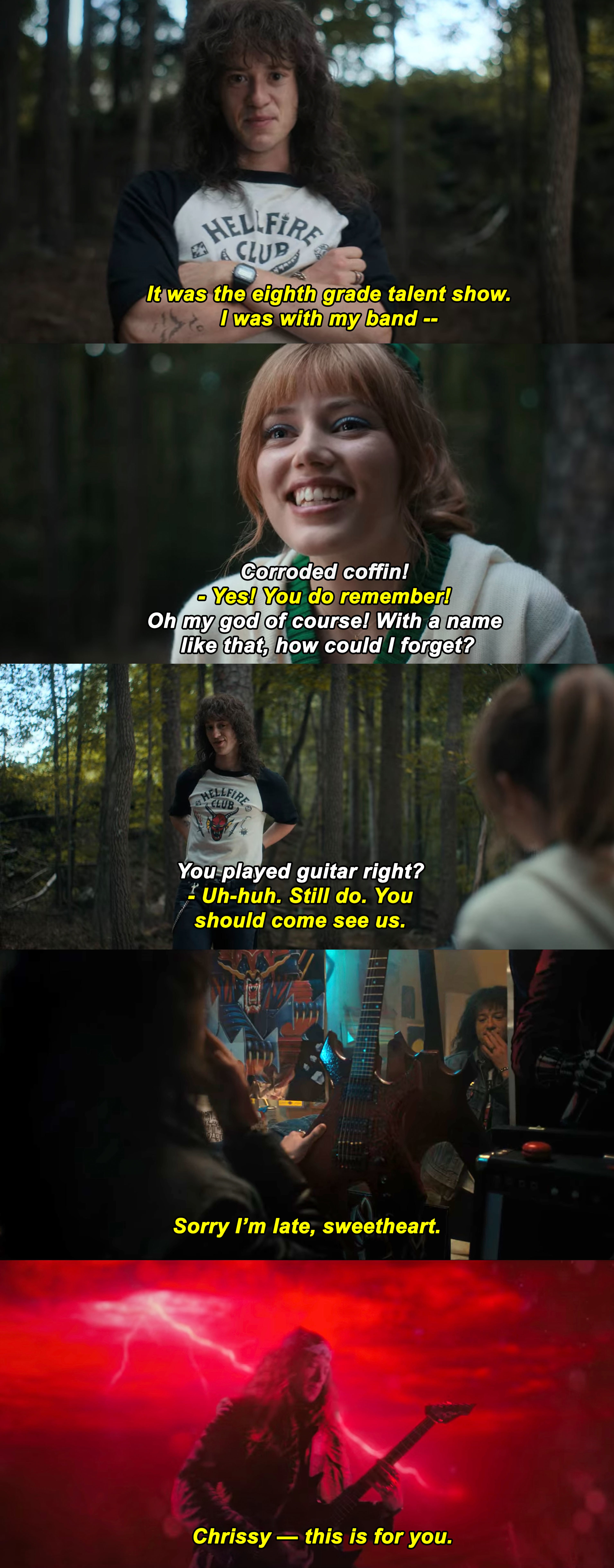 Eddie and Chrissy talking in the woods and Eddie playing guitar