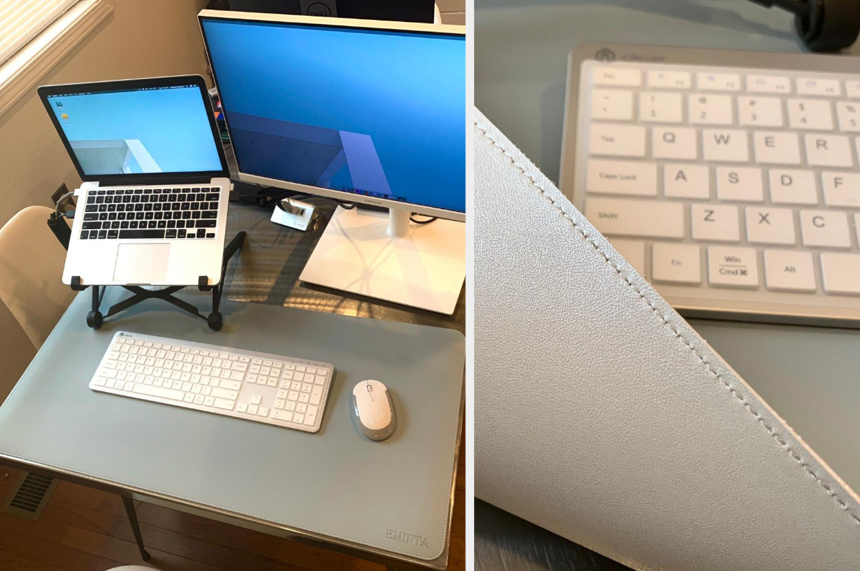 Reviewer image of desk with blue desk mat underneath keyboard and mouse, close up of product