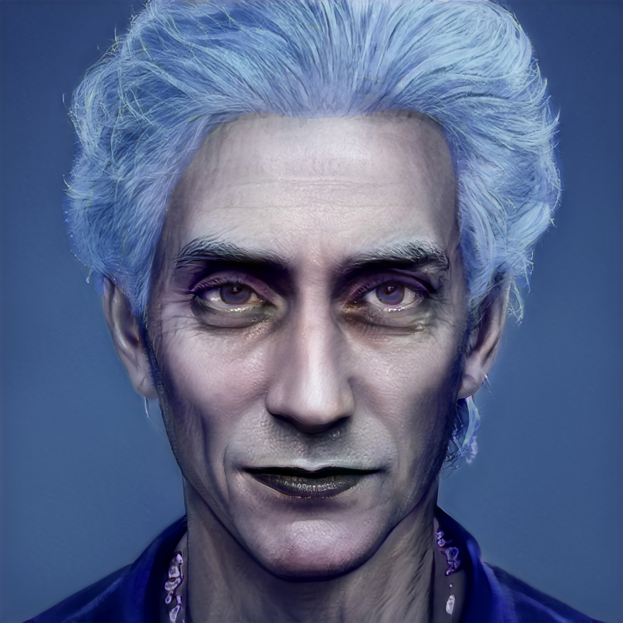 hades with sunken skin and blue hair