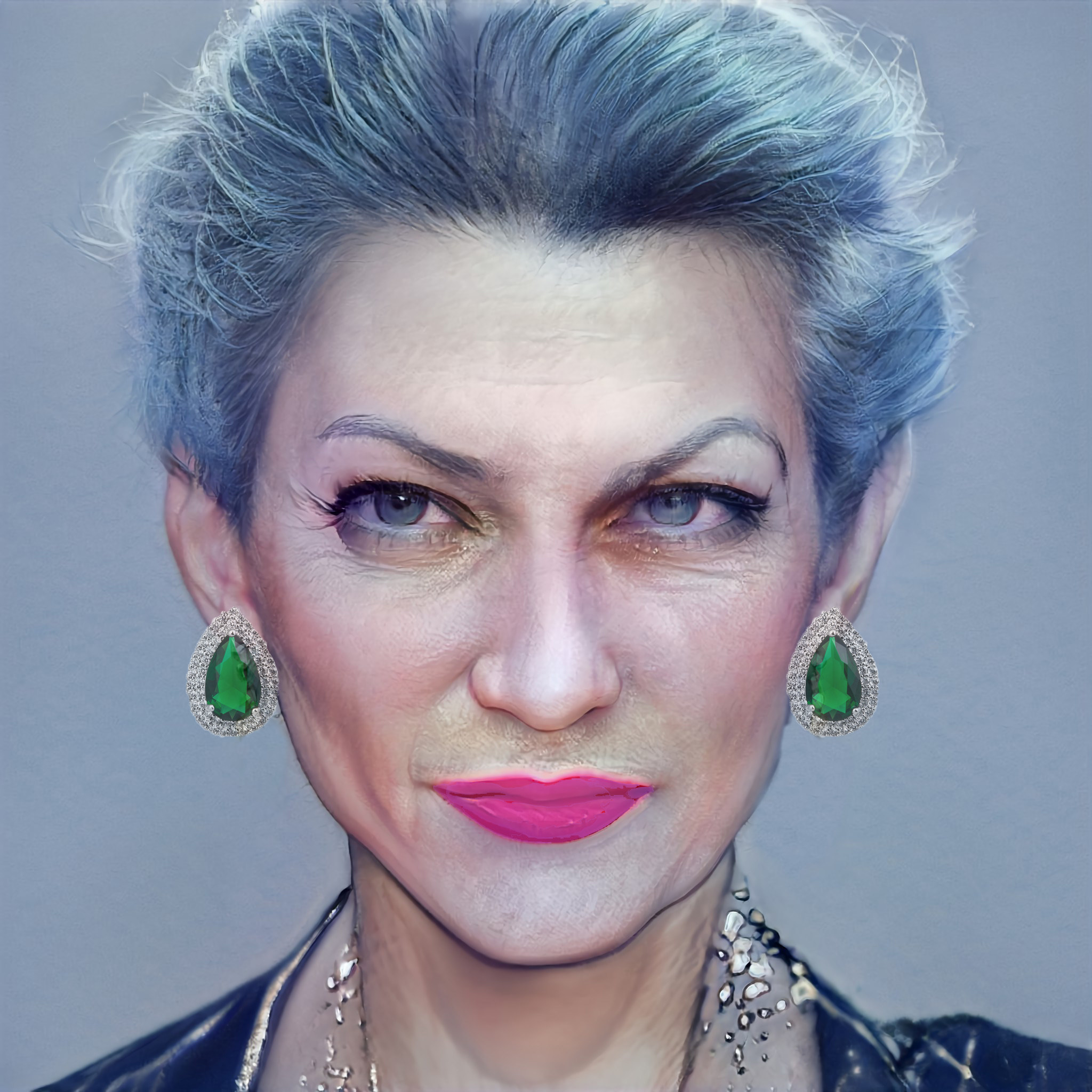 Lady Tremaine with earrings and gray hair pulled back