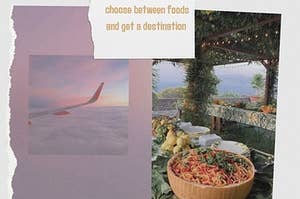 The wing of a airplane and pasta in cheese surrounded by lemons and green grapes on a table in Italy 