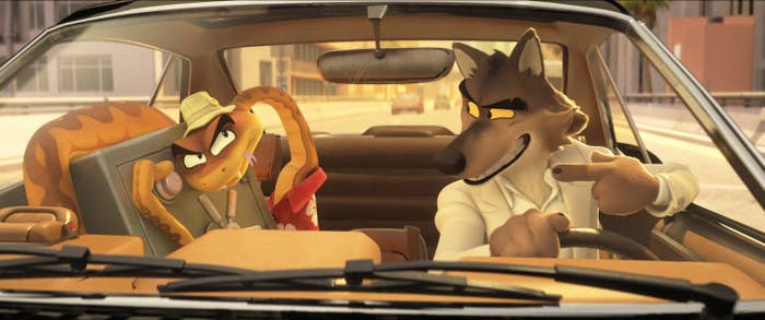 Mr. Snake (voice: Marc Maron) and Mr. Wolf (voice: Sam Rockwell) driving