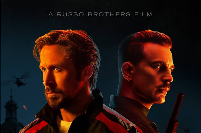 movie poster for the gray man, ryan gosling and chris evans look in opposite directions and the text reads &quot;a russo brothers film&quot;