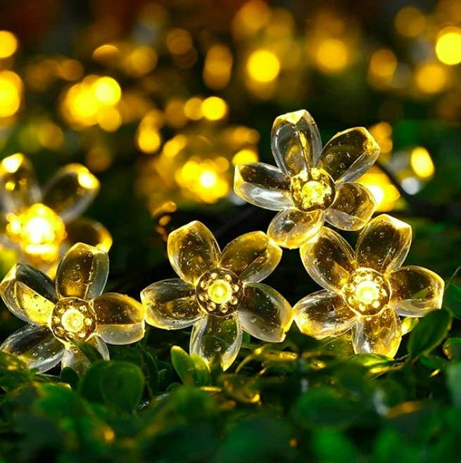 Flower shaped solar lights next to greenery lit up at night